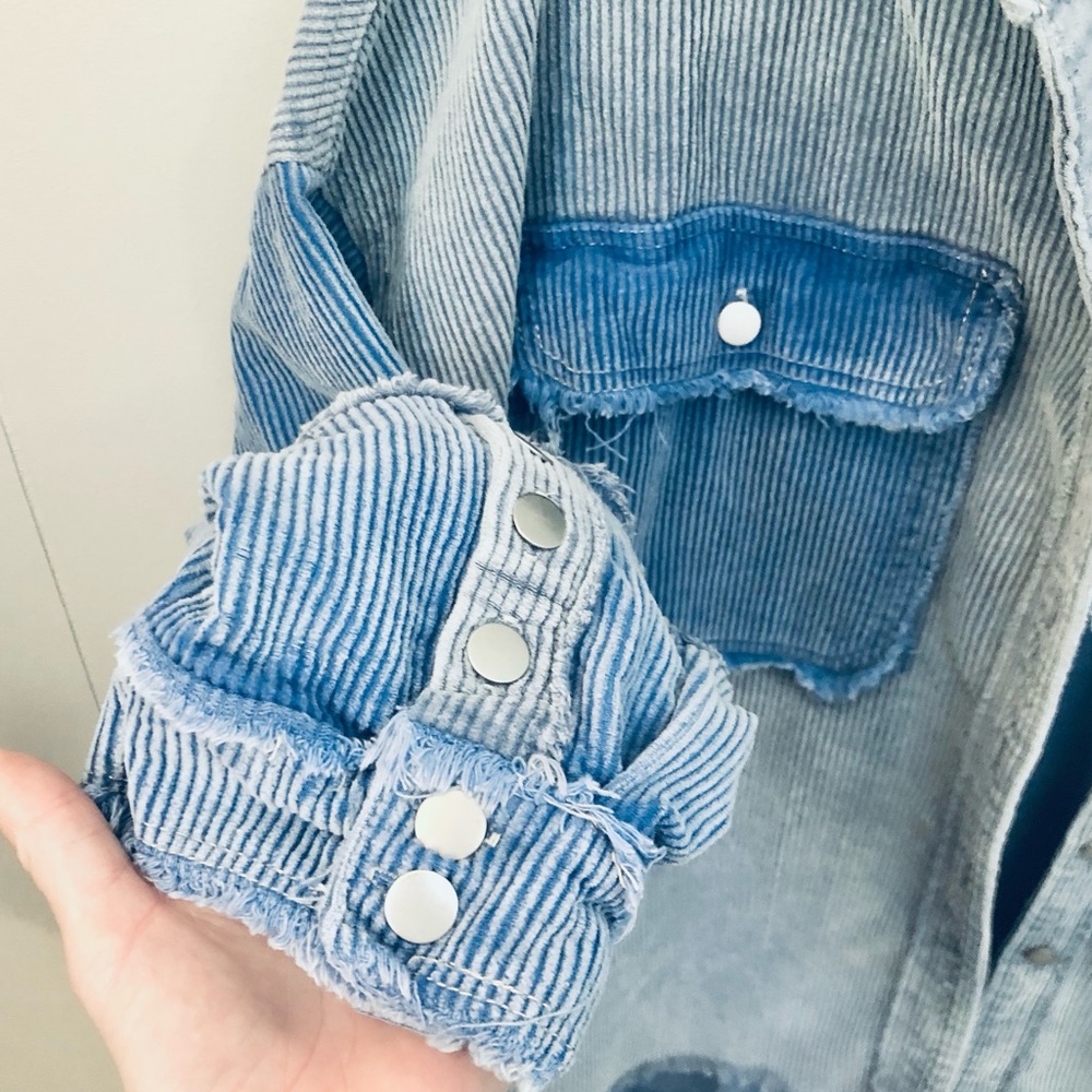 POL Corduroy Patchwork Shirt Shacket 100% Cotton Oversized Blue Unique Medium - Picture 2 of 5